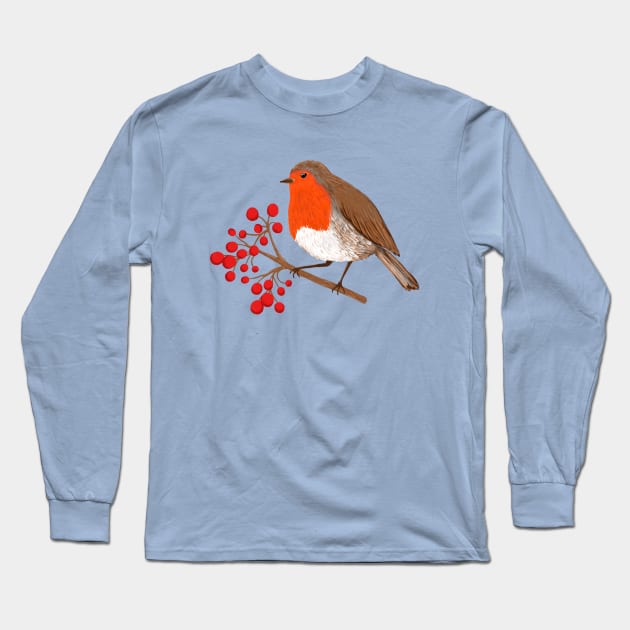 European Robin Winter Bird Long Sleeve T-Shirt by Kraina